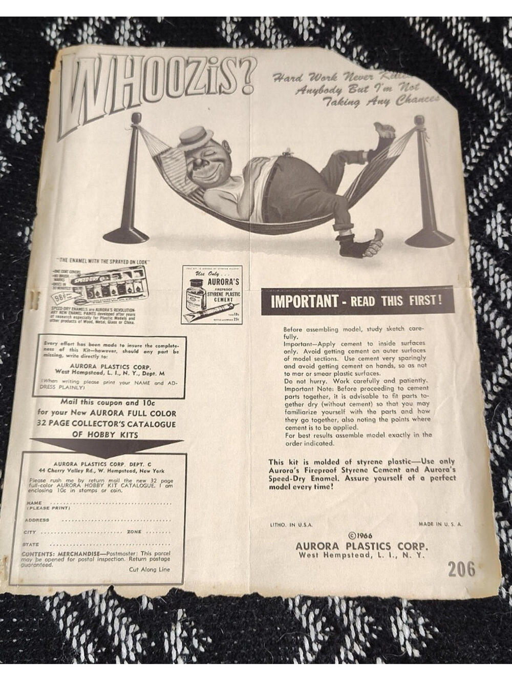 Aurora Plastics 1966 “Whoozis? Hard Work Never Killed Anybody” Model Kit sheet